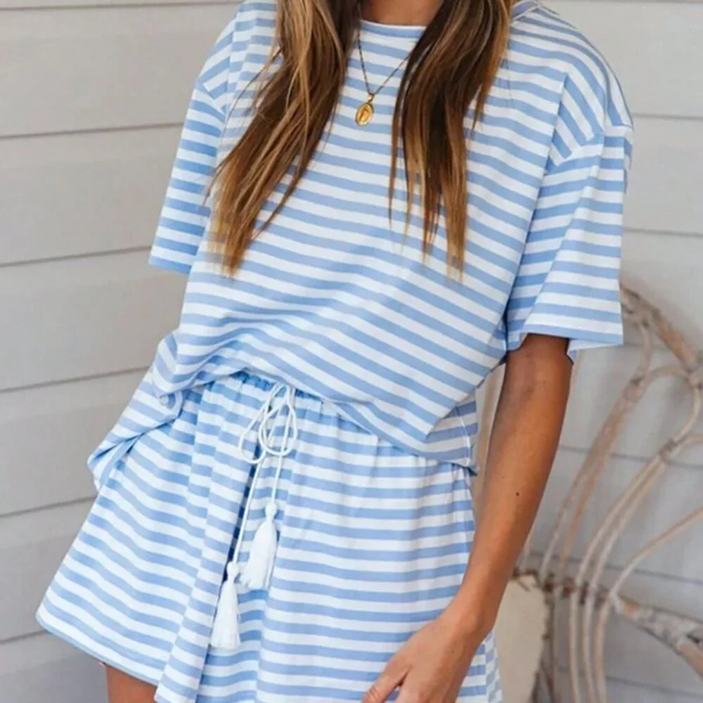 Blue Casual Women's Striped Short Sleeve T-Shirt and Shorts